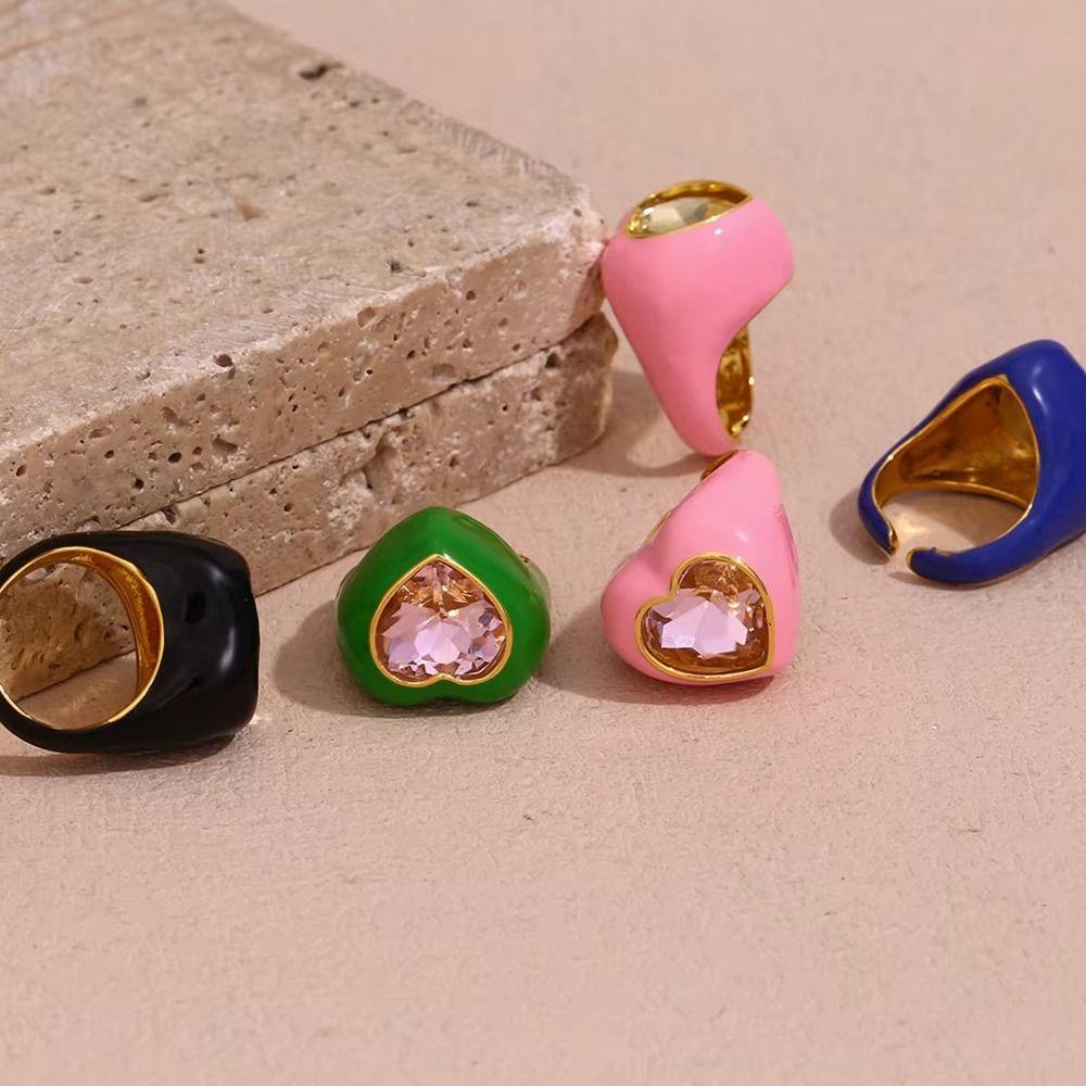 Korean Style Gemstone Heart Enamel Ring Geometric Solid Color Ring Dripping Oil Finger Buckle  Men