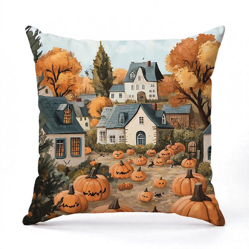 Autumn Pumpkin-themed Cushions for Home Decor Square Polyester Pillowcase, Modern Sofa Decorative Cushion Cover