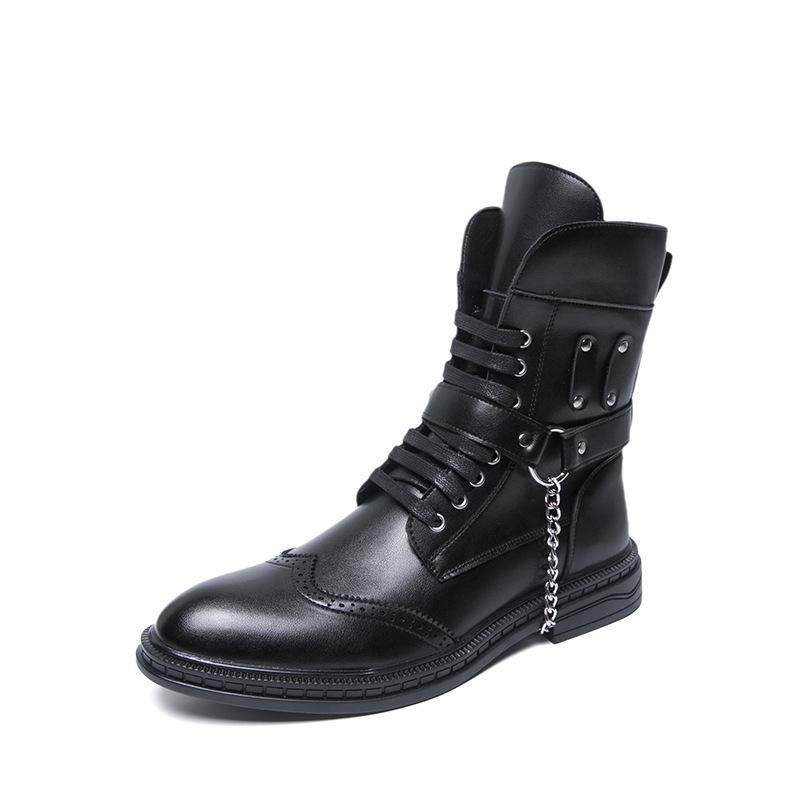 Men s Punk Motorcycle Mid-Calf Leather Martin Boots - Wear-Resistant, Plus Size Available 39 чёрный