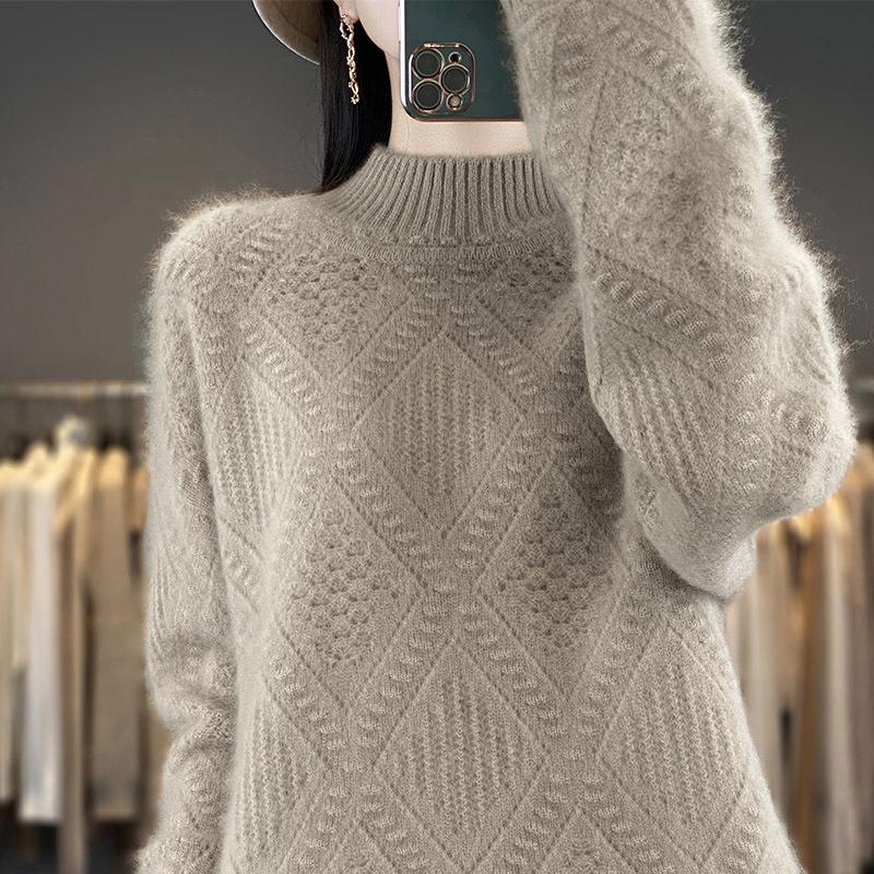 Women's Autumn & Winter Pure Wool Diamond Knit Sweater - Semi-High Neck, Versatile, Elegant Pullover