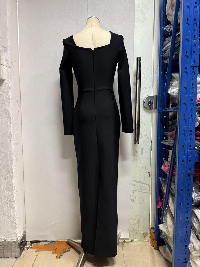 2025 Diamond-Studded Bandage Evening Dress – Sexy Long-Sleeved European & American Style