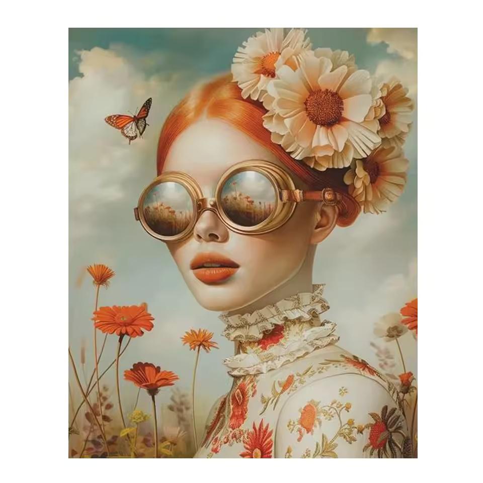 Beautiful Woman with Glasses Flower Canvas Painting Modern Wall Art Woman Character Posters and Prints Living Room Home Decor