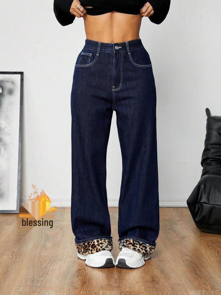 Women's Retro Dark Blue Leopard Print Plush Lined Denim Pants - Autumn/Winter Thick Long Pants