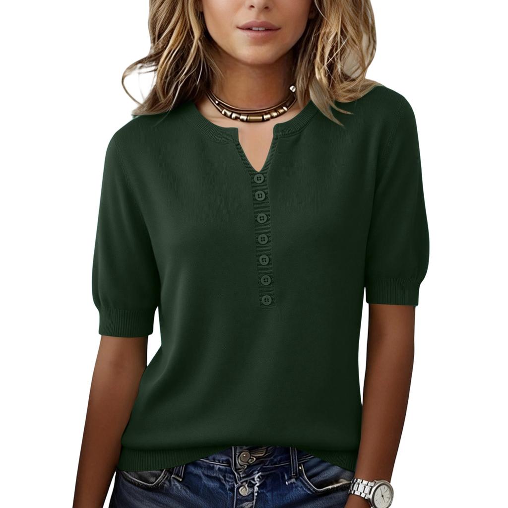 Women’s Short Sleeve Knit Top with Button Front Notched Neckline Pullover Casual Soft Lightweight Sweater Blouse