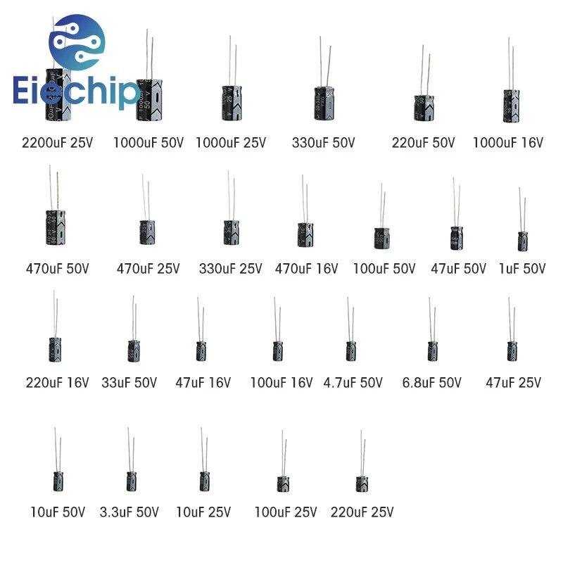125 STK 25 verdier Elektrolytisk kondensator assortert sett 16V 25V 50V 1uF-2200uF DIY elektroniske komponentsett 10uf 47uf 100uf 220uf