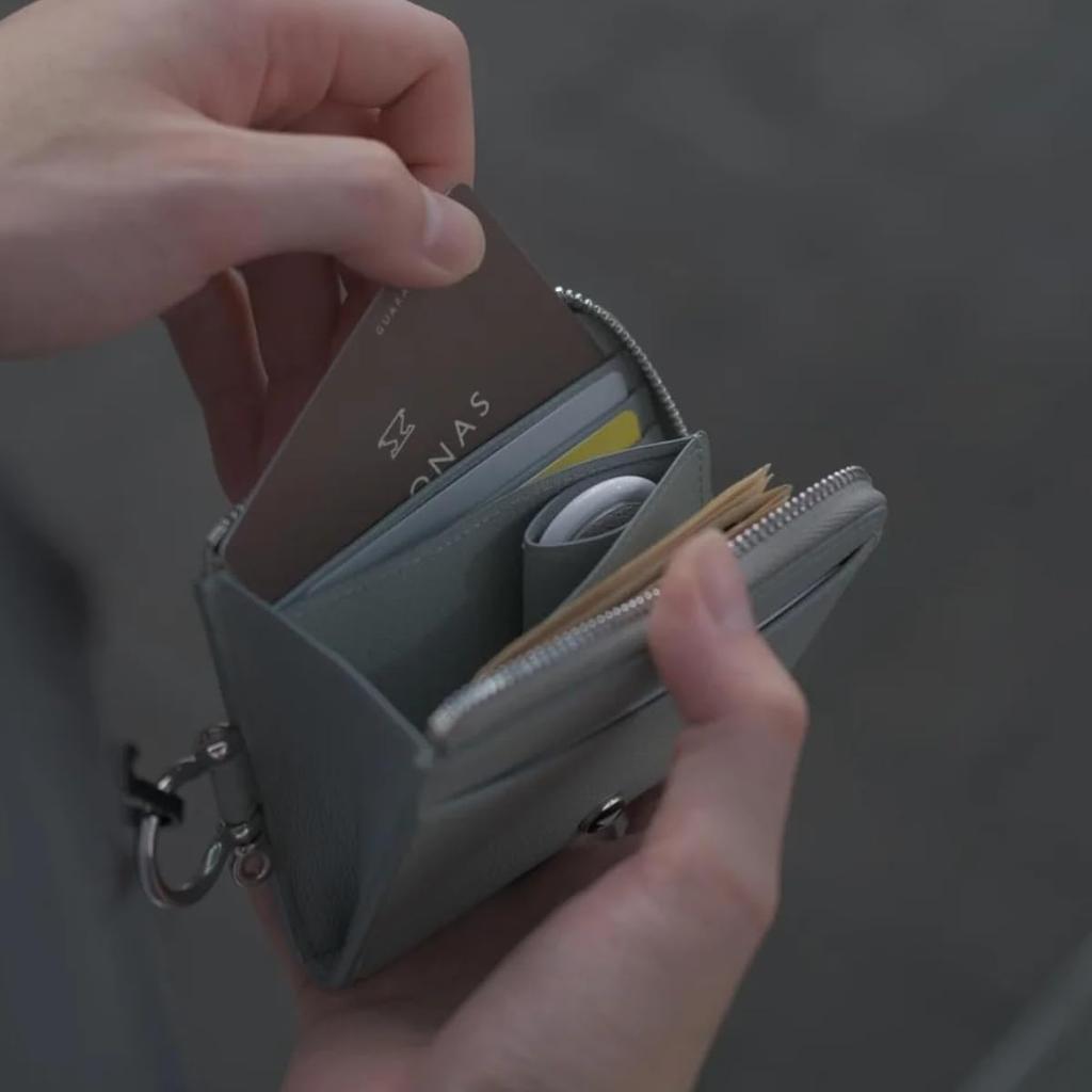 Eponas CONNECT by Eponas Zip Leather Wallet with AirTag Storage Pocket, Genuine French Goat Leather from Arlan, Round Zip (Blue Gray + Shoulder Strap)