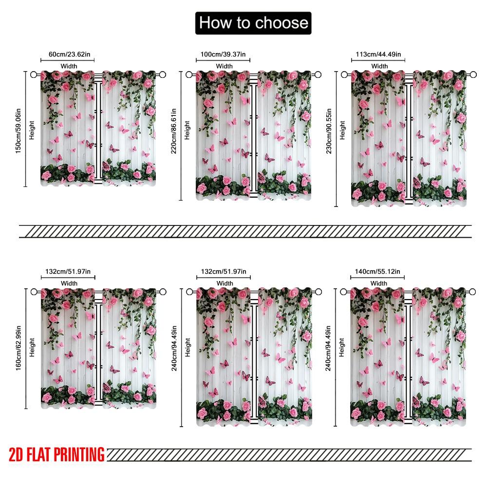 Set Of 2 Flat Printing Curtains Butterfly Pink Rose Versatile Durable Polyester Without Electricity Party Decorations Curtain