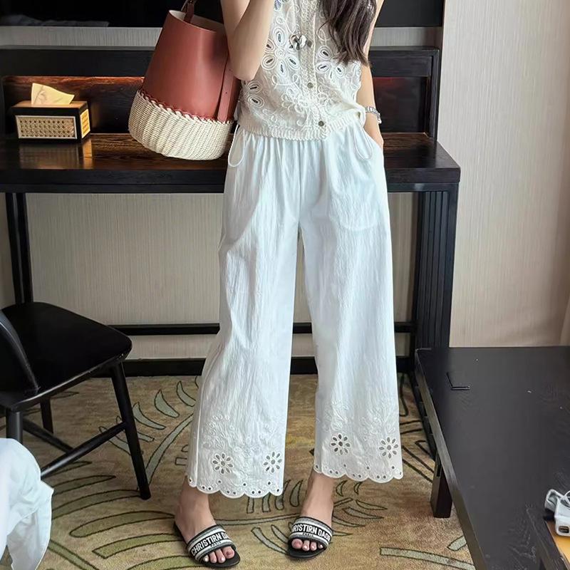 Breathable Embroidered Cotton Maternity Wide-Leg Pants 2XL