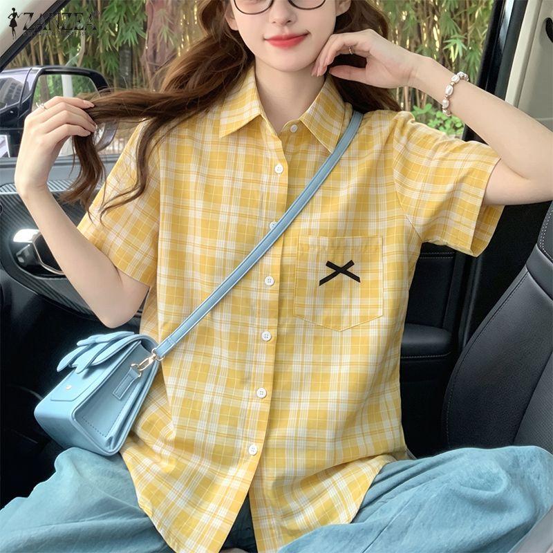 ZANZEA Women Grid Print Casual Turn Down Collar Short Sleeve Blouse
