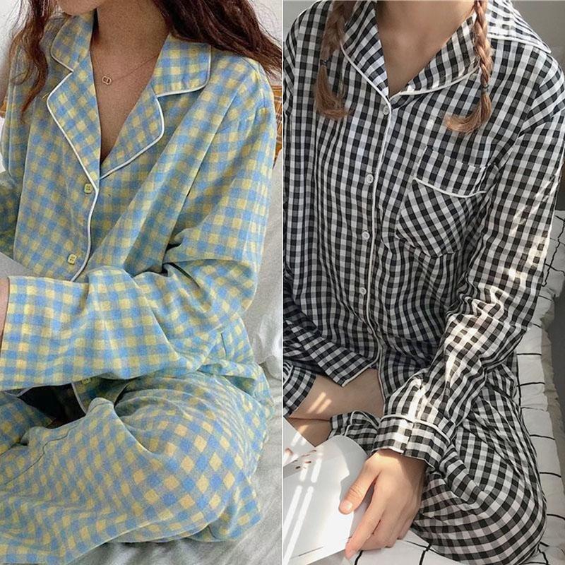 2PCS/Set Women Pajamas Autumn Sweet Cute Wear Pink Plaid Buttons Cardigan Long Sleeve Korean Version Homewear Student Dormitory