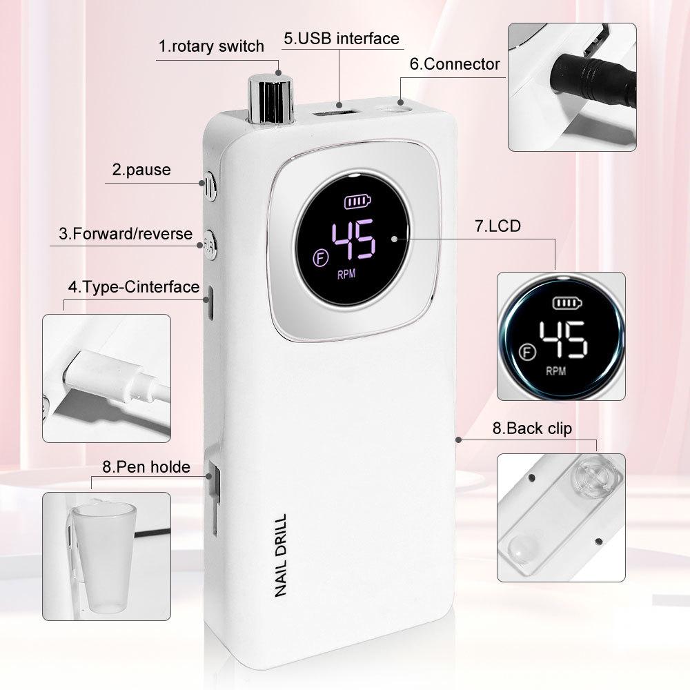 45000RPM Rechargeable Electric Nail Drill Machine Professional High Speed Nail Polish Sander With LCD Screen Nails Accessories