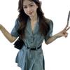 French Style Slim Denim Dress with Pleated Skirt & Belt