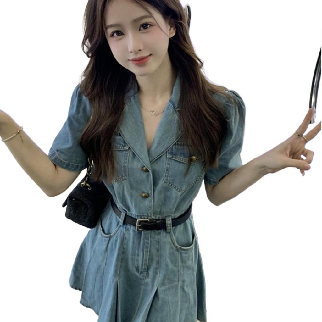 French Style Slim Denim Dress with Pleated Skirt & Belt