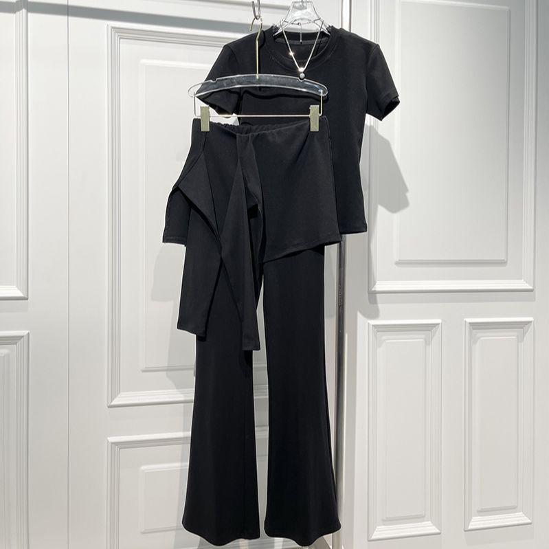 Summer Slimming T-shirt & High-Waisted Flare Pants Skirt Set