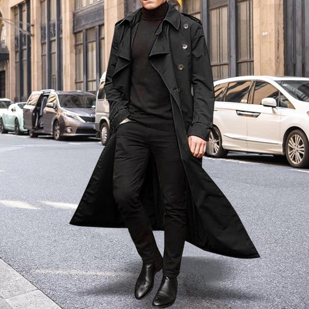 Belted Men'trench Coat Overcoat Double Breasted Fashion Top Long Jacket Warm Notched Lapel Male