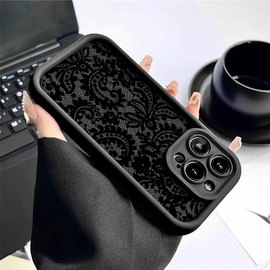 Black Lace Floral Grooved Phone Case for iPhone 14-17 Pro Max