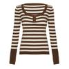 European & American Retro U-Neck Color Block Stripe Knit Sweater - Women's Casual Long Sleeve Top