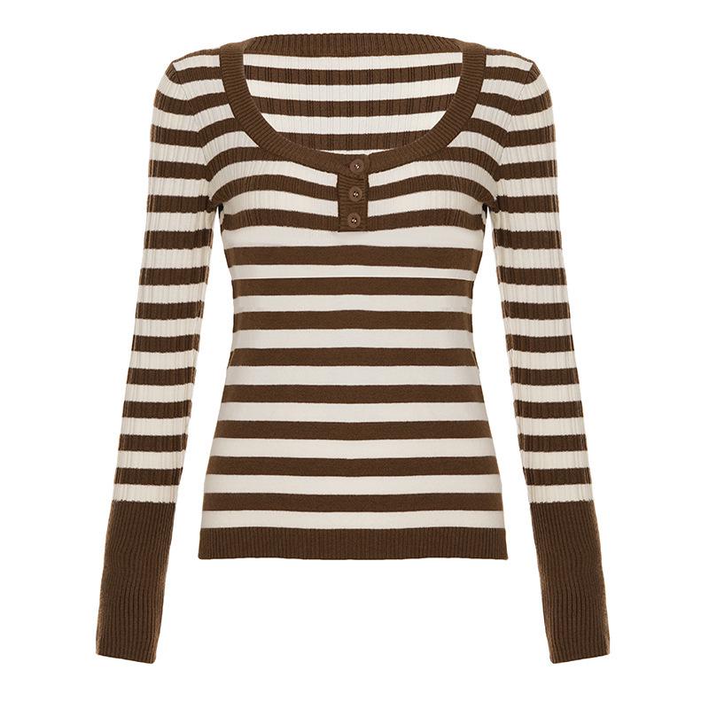

European & American Retro U-Neck Color Block Stripe Knit Sweater - Women s Casual Long Sleeve Top Large коричневий