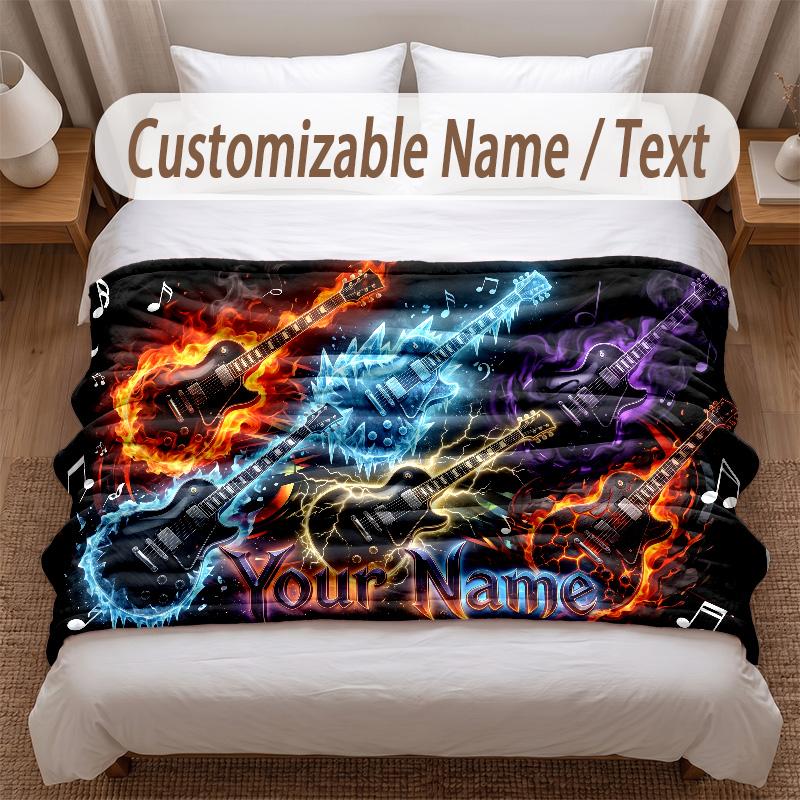 Music Guitar Theme Soft Blanket Personalized Custom Name Text Print Warm Blanket Home Sofa Bedroom Decor