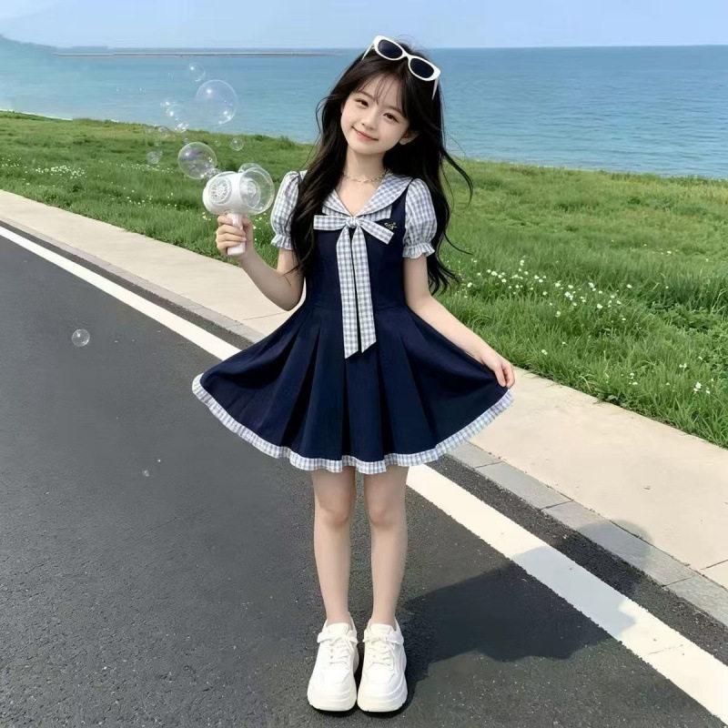 Girls Summer Preppy Princess Dress With Bow Short Sleeve Midi Dress For Big Kids 120