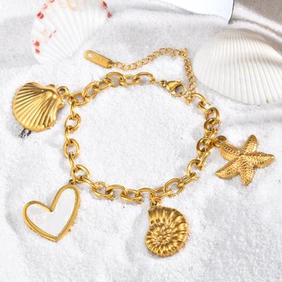 Shell Starfish Conch Charms Bracelet for Women,18k Gold Plated Stainless Steel Summer Beach Waterproof Jewelry