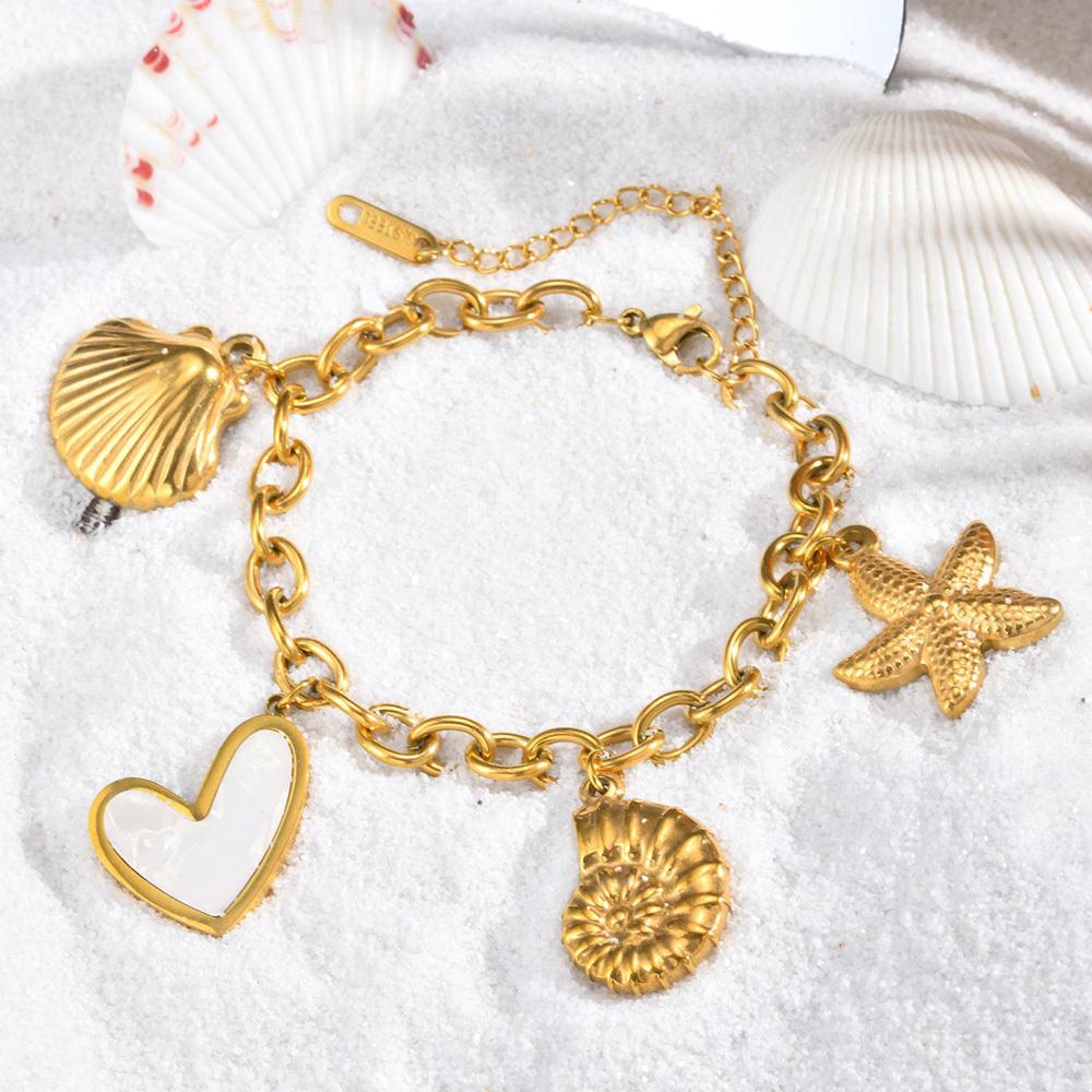 Shell Starfish Conch Charms Bracelet for Women,18k Gold Plated Stainless Steel Summer Beach Waterproof Jewelry
