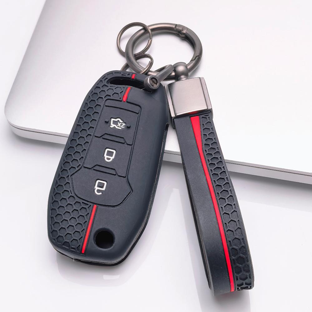 Silikon-Schlüsselhülle Schlüsselanhänger für Ford 3-Tasten Klappschlüssel, Passend für Ford Focus Mondeo Fiesta Ranger Escape Transit Tourneo Everest, Stoßfester Schlüsselanhänger-Halter