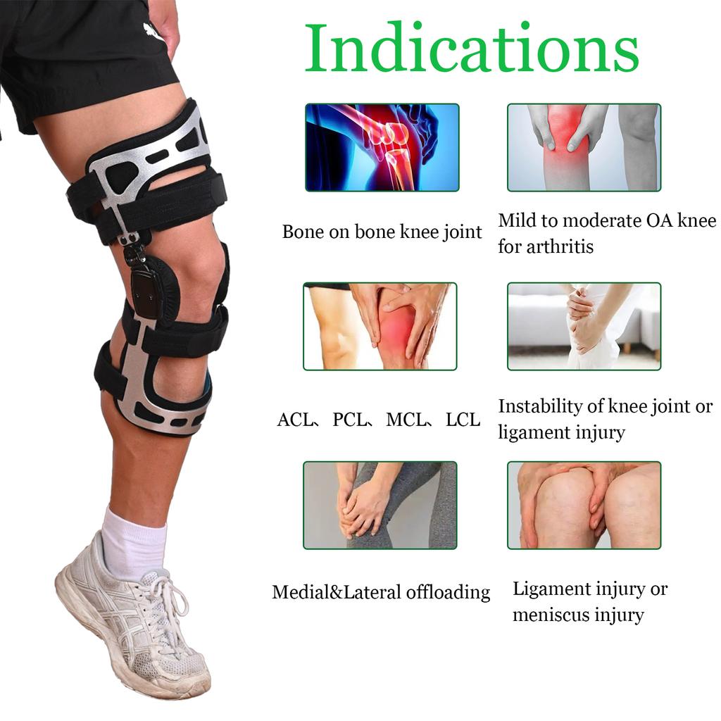 Dubbel upprätt OA-avlastande knäskydd för mild till måttlig knäartros, ACL, MCL, PCL, LCL samt medialt och lateralt stöd