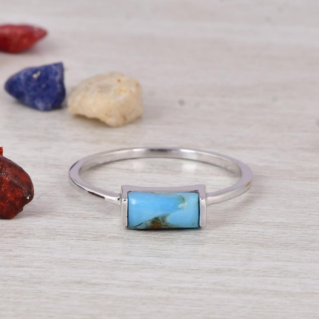 Natural Turquoise Bar Ring 925 Sterling Silver, Minimalist Turquoise Ring, Dainty Stacking Ring, Handmade Jewelry Gift.