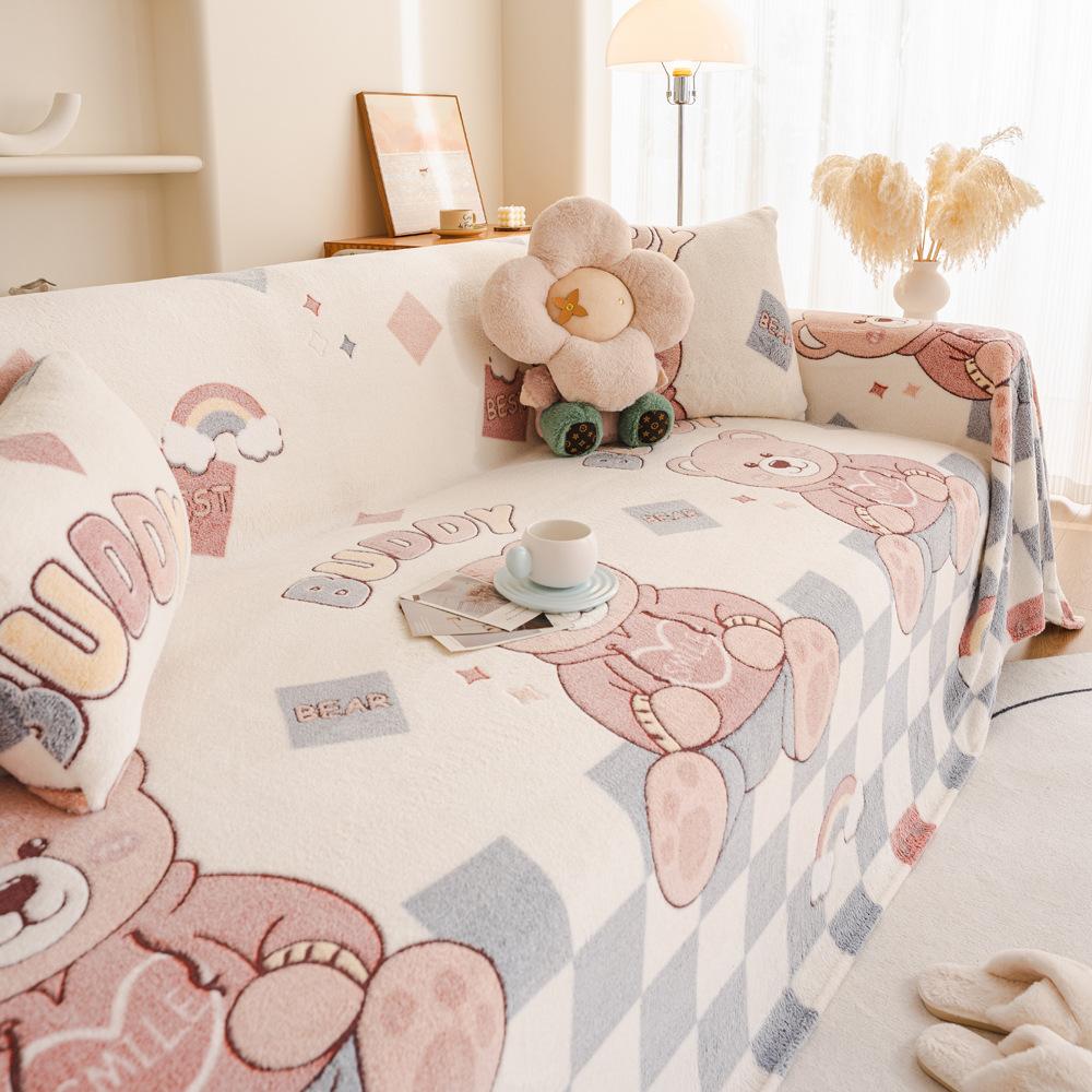 Fleece Sofa Cover Towel Winter Thickened Fleece Sofa Cushion Cartoon Style Leather Sofa Cover