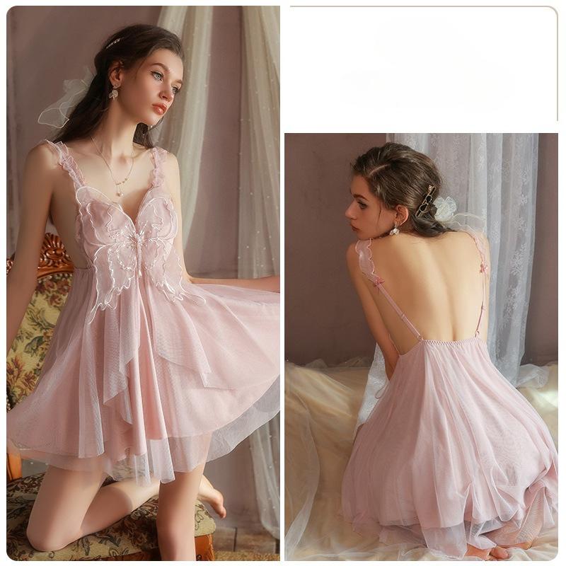 

Women’s Sexy Lace Backless Nightgown Sweet Pure Style Butterfly Padded Cami Dress XL рожевий