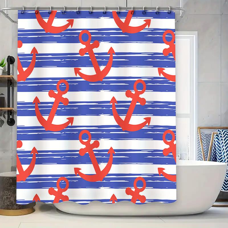 Red Anchors Blue Striped Shower Curtain Waterproof Polyester Bathroom Decor Set