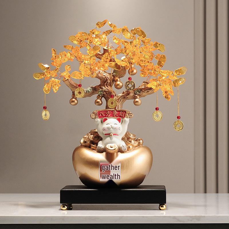 Fortune Cat Money Tree Figurine - Office, Shop, Reception & Housewarming Decoration