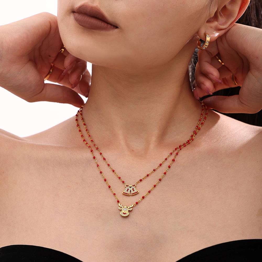 Mi Duo Duo Christmas Bell Reindeer Zircon Necklace - Stainless Steel Romantic Gift
