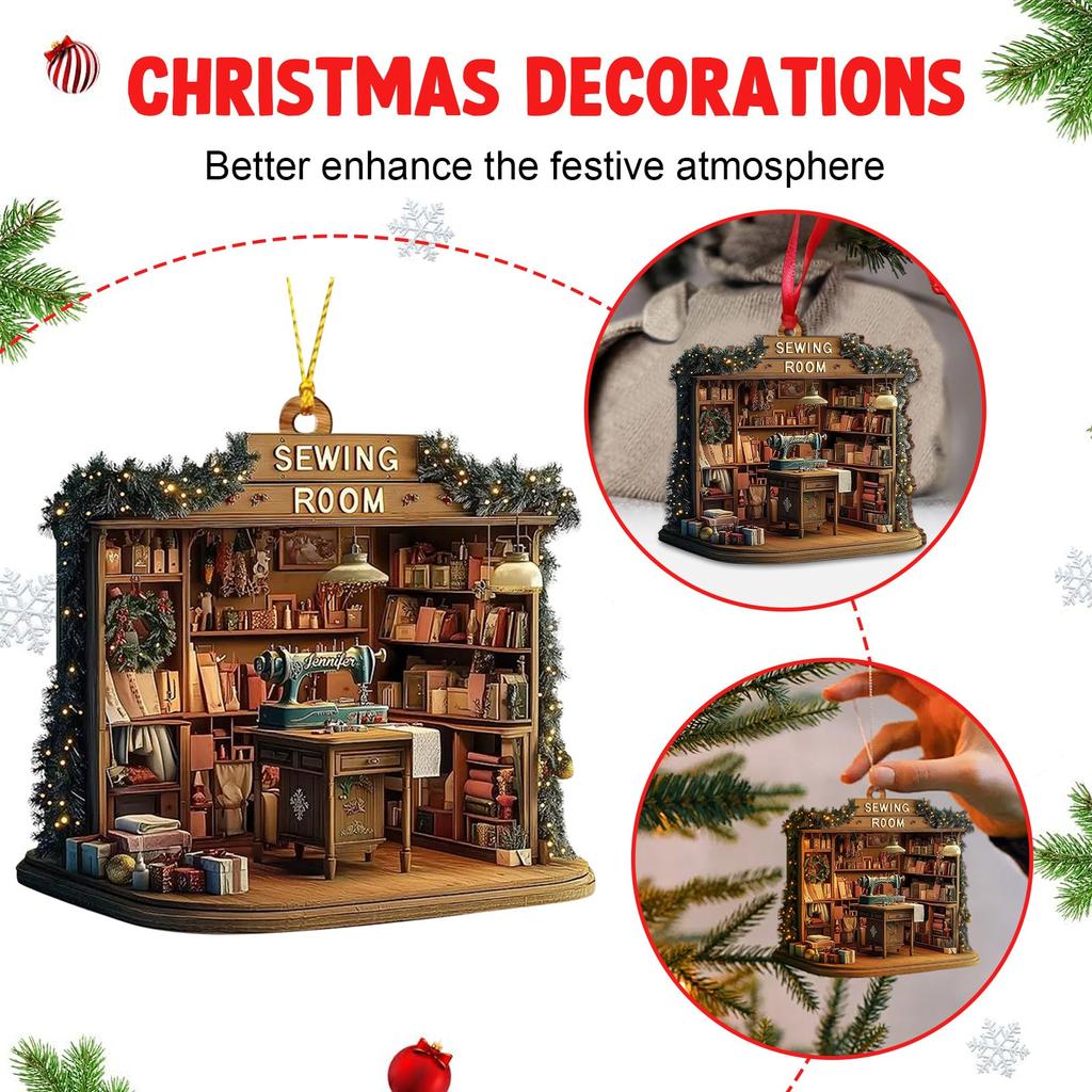 Vánoční akrylová ozdoba Grafický design Šicí pokoj Ozdoba na vánoční stromeček Vintage šicí stroj Ozdoba Dárky do punčochy