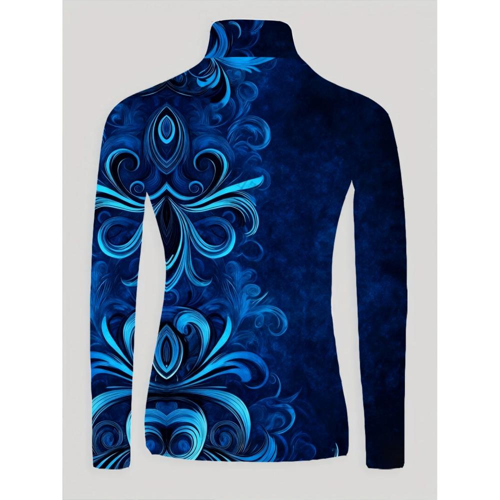 Women's Cheongsam Collar Long-sleeved T-shirt, Suitable for Women, with a Blue Geometric Layered Positioning Design