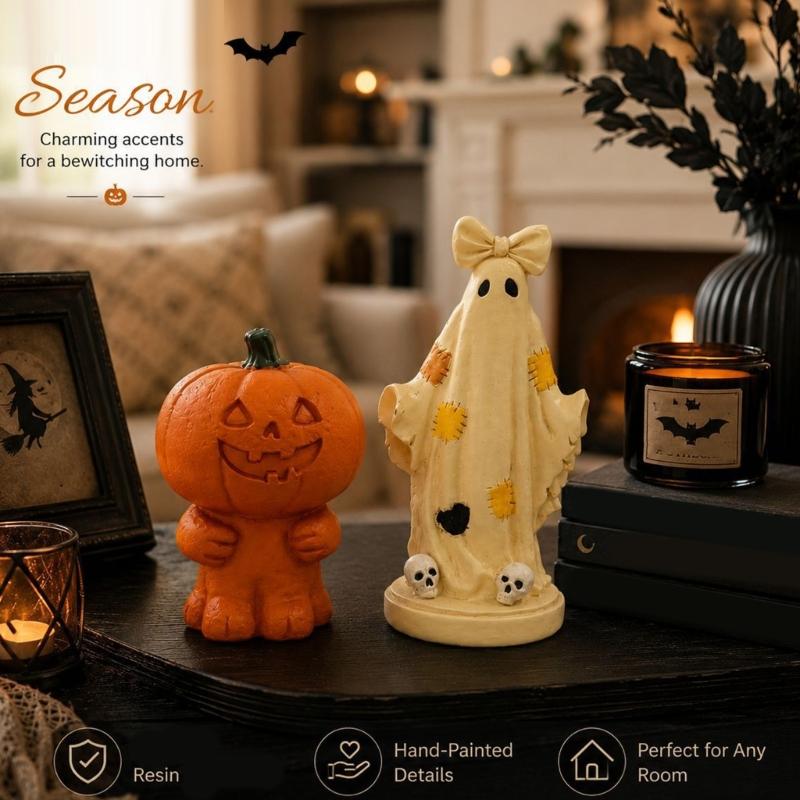 Halloween Pumpkin Figurine Statue for Harvest Home Styling, Detailed Shelf for Desk and Entry Table Display Use