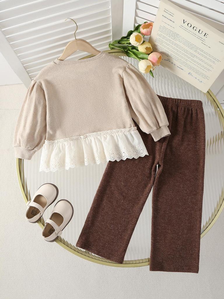 Girls' 2-Piece Set: Korean-Style Sweet Lace-Trimmed Top with Cut-Outs and Ribbon Bow, Paired with Soft, Cozy Casual Pants (Autumn/Winter)