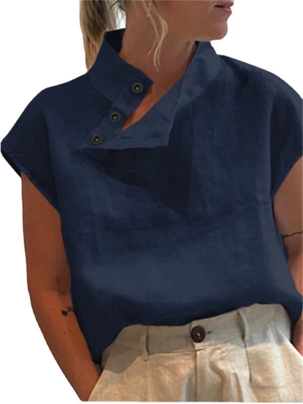 

Женская хлопково-льняная блузка с боковыми пуговицами, топы с воротником-стойкой, белые летние блузки с рукавами реглан 3XL темно-синий
