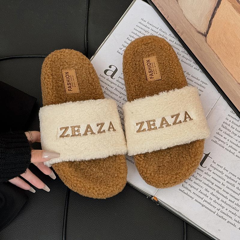 Fashion 2024 New Fluffy Plush Indoor Flat Heel Women Slippers Fashion Patchwork Warm Slides Leisure Embroider Letter Cotton Slippers