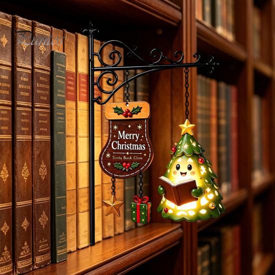 Creative Bookshelf Display Lamp Christmas Hanging Light, Snowman Book Nook Lamp, Metal Decorative Supports Floating Library Lantern Decor, Holiday