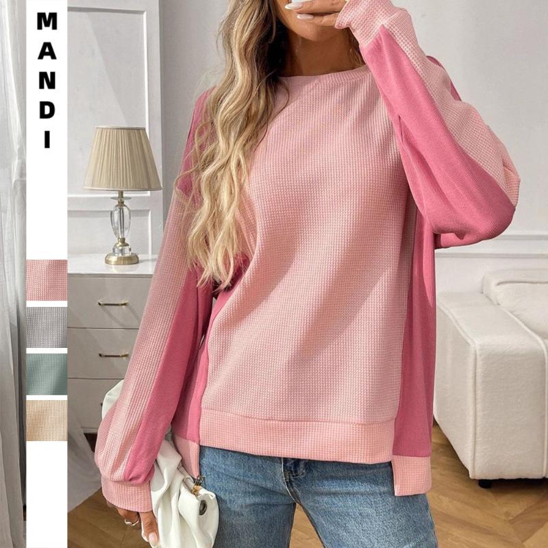 2025 Autumn New Round Neck Casual Loose Contrast Long-sleeved Waffle Top