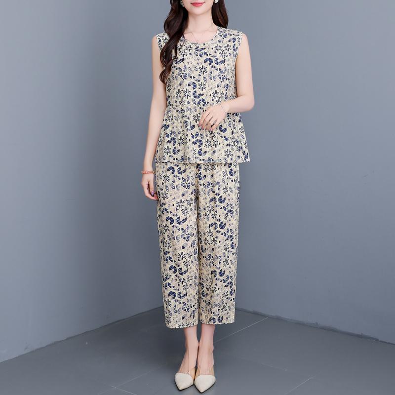 Plus Size Elegant 2 Piece Sets Women Summer Clothes Vintage Loose Print Pants Sets
