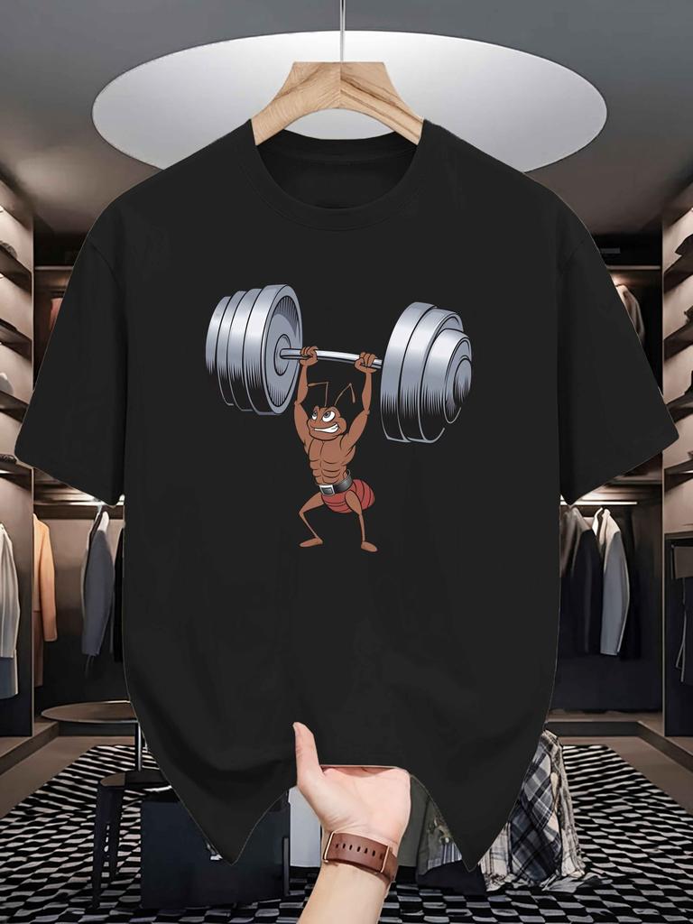 Unisexs Summer 100 Cotton Fashion Creative Weightlifting Pattern Printed Casual Sports Loose Round Neck Short Sleeve Tshirt