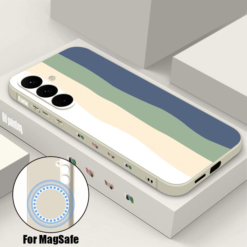 Floral Stripes Print Case For Samsung Galaxy S26 Ultra S25 FE S24 S23 S22 Plus S21 FE Built-in Metal Plate Magnetic Silicone Cover
