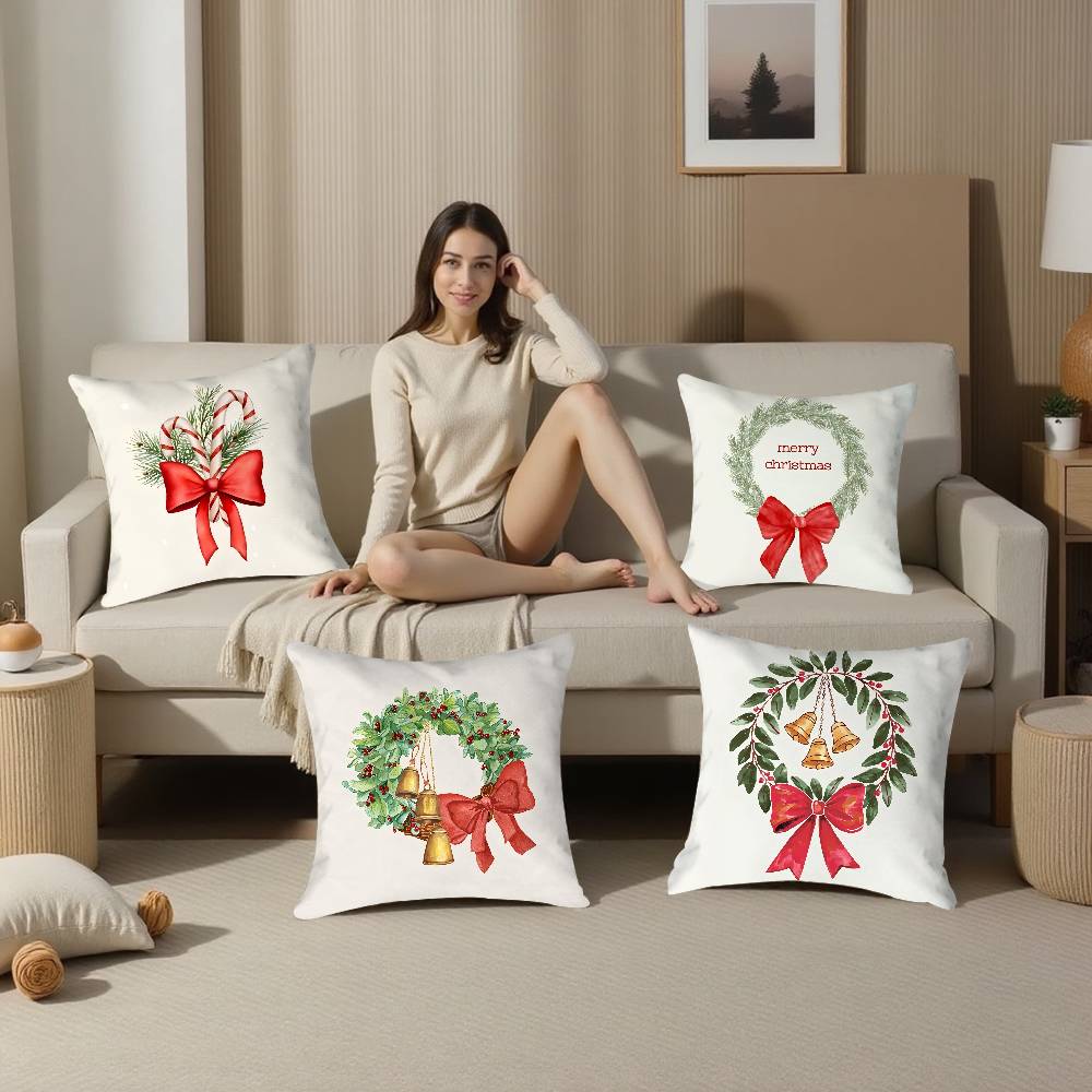 Merry Chrismas Red Bow Pillow Case Plush Fabric Soft Double Sided Print Sofa Cushion Cover Throw Pillow Covers