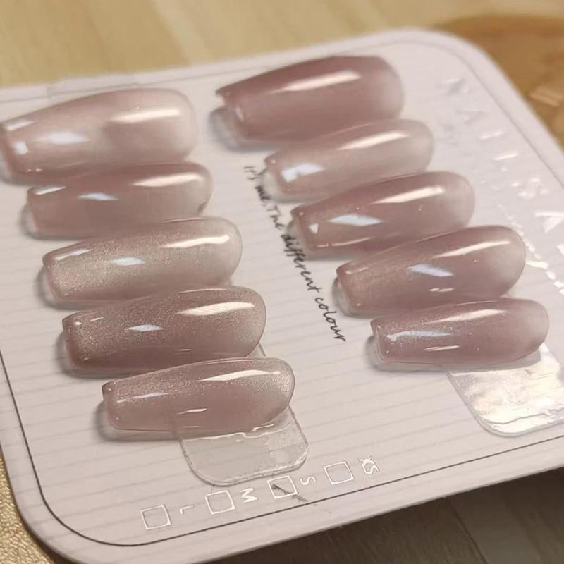 100% Handmade Coffin Shape Pink Champagne Full Cat Eye Fake Nails Art Simple Versatile Nails Reusable and Removabl Fake Nail Set with Glue