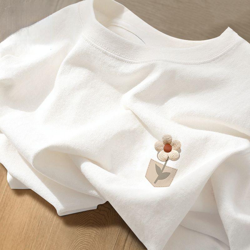 

Удобная и дышащая женская хлопковая футболка в ленивом стиле с коротким рукавом и цветком XXL белый