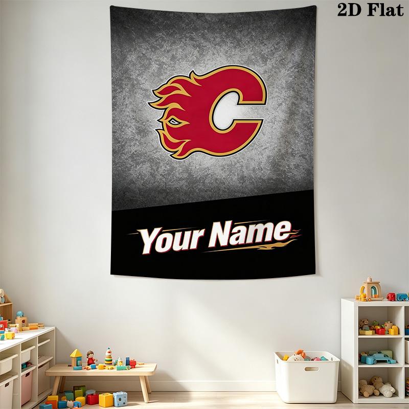 Name Custom Calgary Flames Logo Wall Tapestry Aesthetic Wall Hanging Printed Fabric Blanket Decorative Tapestries for Bedroom Living Room Home Decor