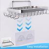 Rustproof Shower Storage Basket Self Adhesive Wall Mounted Wall Shelves with Hooks Large Capacity Wall-Hung Metal Soap Tray Soap